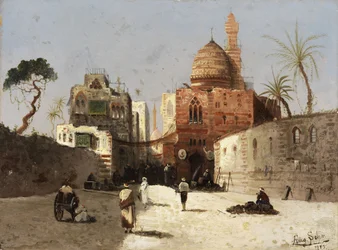 Svenska: Orientalisk gatubild med moské, minaret och handlare på en förgård.