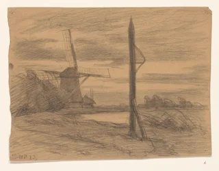 Landskap med stolpe och väderkvarn