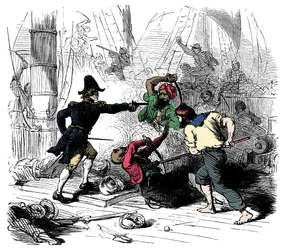 I kamp mot algeriska pirater Gravyr från "Sir Henry Morgan, Buccaneer