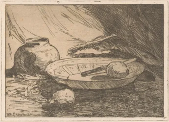 Stilleben med gryta och skål