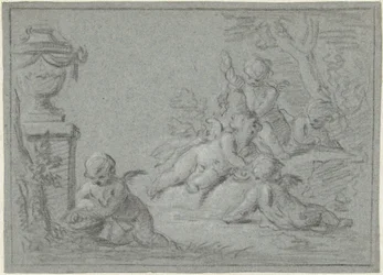 Putti i ett landskap med en vas