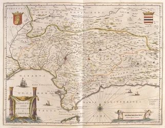 Andalusien och staden Sevilla, Gibraltar sund, i "Theatrum Orbis Terrarum, sive Atlas Novus" av Willem Blaeu, Amsterdam