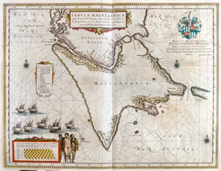Argentina, Chile, Magellans sund, Landet Fuego, i "Theatrum Orbis Terrarum, sive Atlas Novus" av Willem Blaeu, Amsterdam