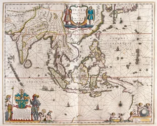 Asien, som sträcker sig från Indien till Tibet till Japan till Nya Guinea, i "Theatrum Orbis Terrarum, sive Atlas Novus" av Willem Blaeu, Amsterdam