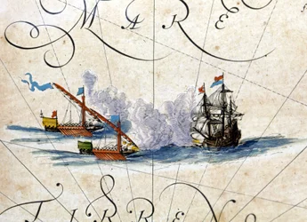 Strid mellan två galärer och en karaque. Atlas av Willem Janszoon Blaeu (1571 - 1638)