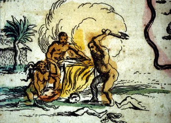 Brasilien. Kannibaler som föreställer en man med en yxa. Detalj av en karta över Atlas of W. Blaeu