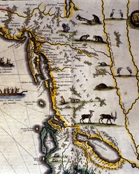Geografisk karta över 1600-talets holländska atlas av Wilhelm Blaeu (1571-1638) som visar amerikanska och kanadensiska territorier pälsdjursfolk. Norden ligger nedanför enligt medeltida sed.