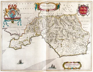 Glamorgan shire, i "Theatrum Orbis Terrarum, sive Atlas Novus" av Willem Blaeu, Amsterdam