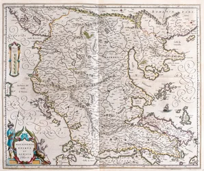 Grekland, Makedonien, Albanien, i "Theatrum Orbis Terrarum, sive Atlas Novus" av Willem Blaeu, Amsterdam