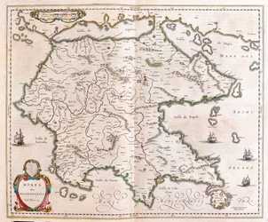 Grekland, Peloponnesos, i "Theatrum Orbis Terrarum, sive Atlas Novus" av Willem Blaeu, Amsterdam