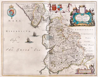 Lancaster och Lancastshire, i "Theatrum Orbis Terrarum, sive Atlas Novus" av Willem Blaeu, Amsterdam