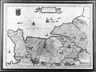 Karta över Normandie efter en illustration från Theatrum Orbis Terrarum eller Atlas Novus av Willem och Joan Blaeu, plåt som föreställer Normandie Ducatus