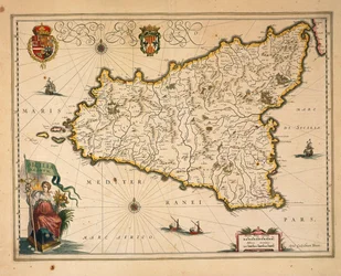 Karta över Sicilien, av Willem Blaeu, från Regionum Italiae, gravyr