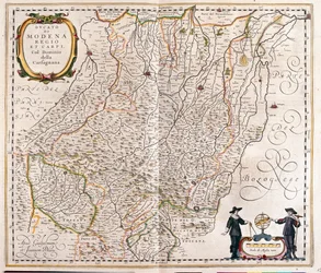 Modena, Reggio Emilia, Carpi, slutet av Garfagnana, Italien,i "Theatrum Orbis Terrarum, sive Atlas Novus" av Willem Blaeu, Amsterdam