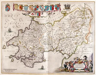 Pembrokrshire och carmarthenshire, i "Theatrum Orbis Terrarum, sive Atlas Novus" av Willem Blaeu, Amsterdam