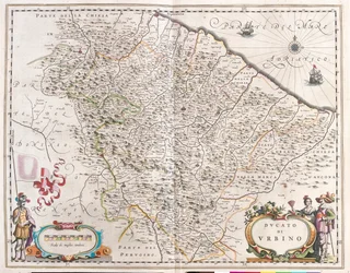 Pesaro och Urbino, Italien, i "Theatrum Orbis Terrarum, sive Atlas Novus" av Willem Blaeu, Amsterdam