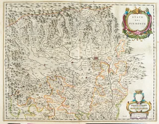 Piemont, Aostadalen och Ligurien, Italien, i "Theatrum Orbis Terrarum, sive Atlas Novus" av Willem Blaeu, Amsterdam
