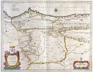 Den spanska provinsen Asturien, Kastilien och Léon, inklusive städerna Oviedo, Leon, Santander och Valladolid, i "Theatrum Orbis Terrarum, sive Atlas Novus" av Willem Blaeu, Amsterdam