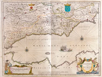 Gibraltar sund till Alicante, så långt in i landet som till Guagalquivir-dalen och Sevilla samt Nordafrikas kust, i "Theatrum Orbis Terrarum, sive Atlas Novus" av Willem Blaeu, Amsterdam
