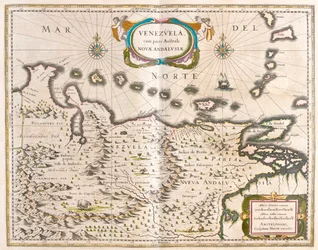 Venezuela, Trinidad, Tobago, Tortuga, Antillerna , Karibien, i "Theatrum Orbis Terrarum, sive Atlas Novus" av Willem Blaeu, Amsterdam