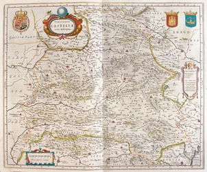 Zaragoza, Valencia, Alicante, Cartagena, Madrid, Cordoba, Sevilla, Salamanca, Palencia, Segovia, Toledo, Cuenca, Granada, i "Theatrum Orbis Terrarum, sive Atlas Novus" av Willem Blaeu, Amsterdam