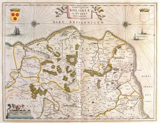 brique, calais, grevellinge, i "Theatrum Orbis Terrarum, sive Atlas Novus" av Willem Blaeu, Amsterdam