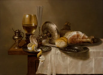 Ett stilleben med en Roemer, en vältad silvertazza, en flöjt, en fralla och skinka på ett bord