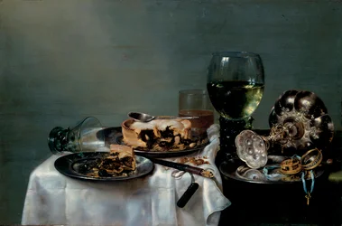 ""Stilleben av frukostbord med björnbärspaj"" (Frukostbord med björnbärspaj) Målning av Willem Claesz Heda (1594-1680) 1631 Dim 54x82 cm Olja på duk Dresdens statliga konstsamlingar Dresden