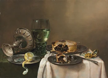 Pronkstilleben med en roemer, en omkullvält silver-tazza, en halvt skalad citron på en tennassiett, en paj, ett ur och en kniv, 1631