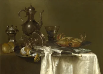 Stilleben: Tenn, silverkärl och en krabba, ca 1636