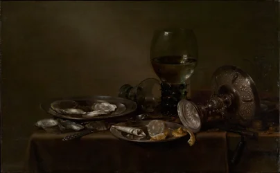 Stilleben med ostron, en silvertazza och glasföremål