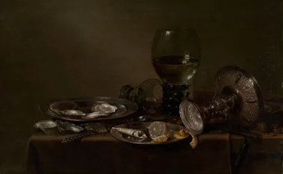 Stilleben med ostron, en silvertazza och glas, 1635.