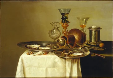 Stilleben med en römer på ett förgyllt stativ, stengods och ostron, 1637.