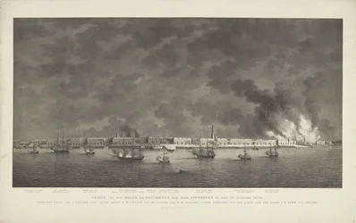 Utsikt över märket och skjutningen av staden Antwerpen den 27 oktober 1830, under befäl av Z. Exc.e Luit.t Gener.l Baron D.H. chassi; med ställning som Z.M.-skvadron under befäl av sjökaptenen Jonkh.r J.E. Lewe van Aduard (titel på obj