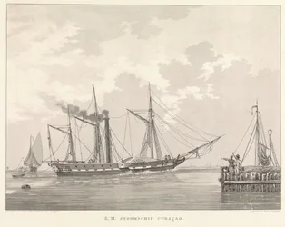 Paddelångare vid en kaj Z.M. Steamship Curaçao (titel på objekt)