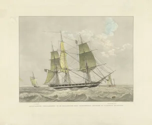 Segelfartyg, slup och lotsbåt på vattnet Amerikansk krigskorvett mot den holländska kusten lägger lotsbåten och väntar (titel på objekt)