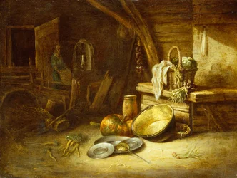 Ett kök med grönsaker i en flätad korg, tenntallrikar och en pumpa (olja på koppar)