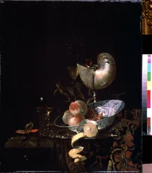 ""Stilleben med en pärlemorbägare"" (Stilleben med en pärlemorbägare) Persikor, citron med sitt skal (zest) och ett glas vin. Målning av Willem Kalf (1619-1693) circa 1660 Pushkin Museum, Moskva