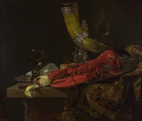 Stilleben med Sankt Sebastians bågskytteskrås dryckeshorn, hummer och glas, ca 1653