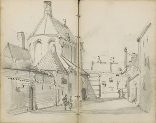 Bygata med en kyrka och figurer