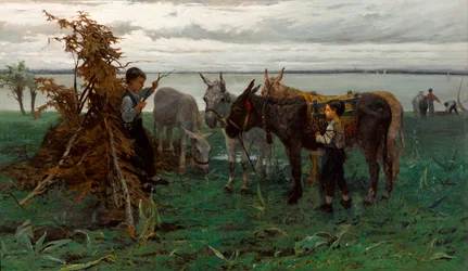 ""Garcons gardant des anes"" (Pojkar som vallar åsnor) Peinture de Willem Maris (1844-1910) - 1865 - Olja på duk Dim 90,3x138 cm Gemeentemuseum Haag