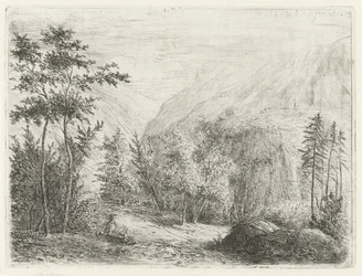 Bergslandskap med en vilande figur längs vägen