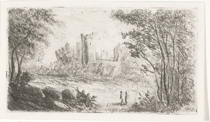 Landskap med slottsruin och två figurer