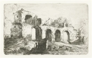Södra landskapet med ruin och herde med boskap