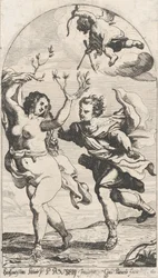 Daphne flyr från Apollo, med Amor över huvudet, 1631.