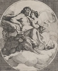 Jupiter och Juno sitter på moln, med en örn som håller åskbultar under till vänster, 1631.