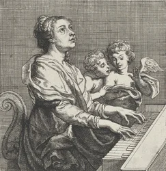 Den heliga Cecilia spelar orgel med två putti till höger, ca 1631.