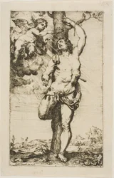 Saint Sebastian krönt av en ängel