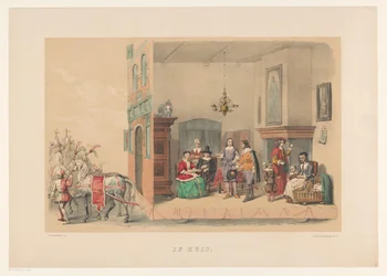 Andra gruppen av maskeraden i Utrecht 1856 Hemma (titel på objekt) Vårt hemland omkring mitten av 1600-talet, föreslagit av H.H. studenter, medlemmar i Mutua Fides, för att fira 220-årsjubileet av Utrechtsche Hoogeschool, den 25 juni