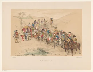 Fjärde gruppen av maskeraden i Utrecht 1856 Kolonier (titel på objekt) Vårt hemland omkring mitten av 1600-talet, föreslagit av H.H. studenter, medlemmar i Mutua Fides, för att fira 220-årsjubileet av Utrechtsche Hoogeschool, 25. juni